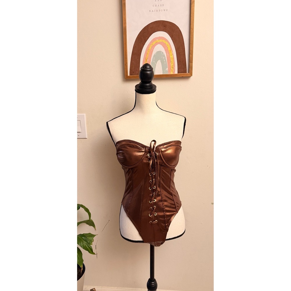 Forplay Bodysuit Womens L/XL Bronze Metallic Lace Up Corset Rave Festival 554886